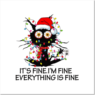 Black Cat It's Fine I'm Fine Everything is Fine Funny Christmas Posters and Art